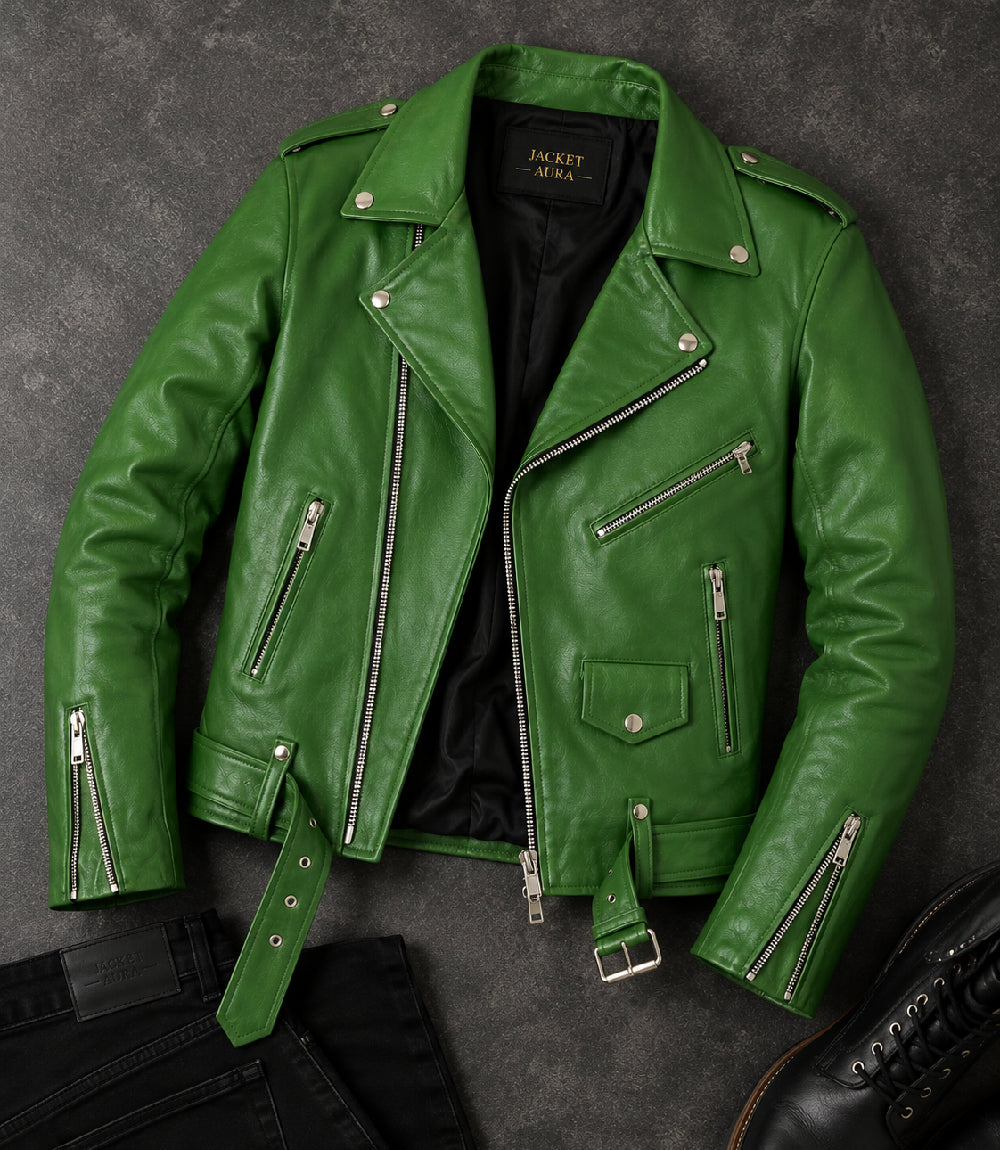 Men’s Green Leather Biker Jacket