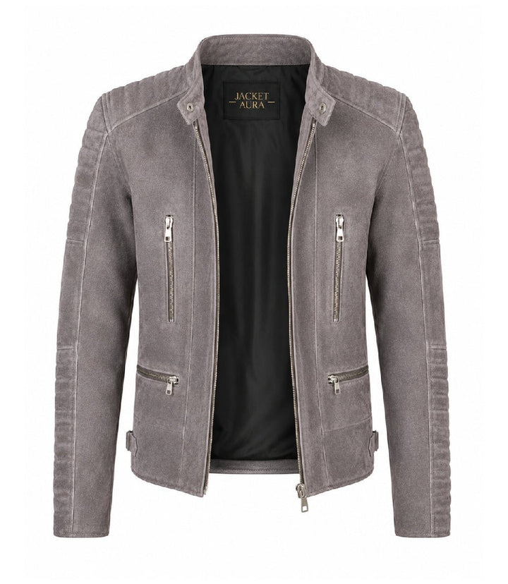 Men’s Grey Suede Biker Jacket in XS - Jacket Aura