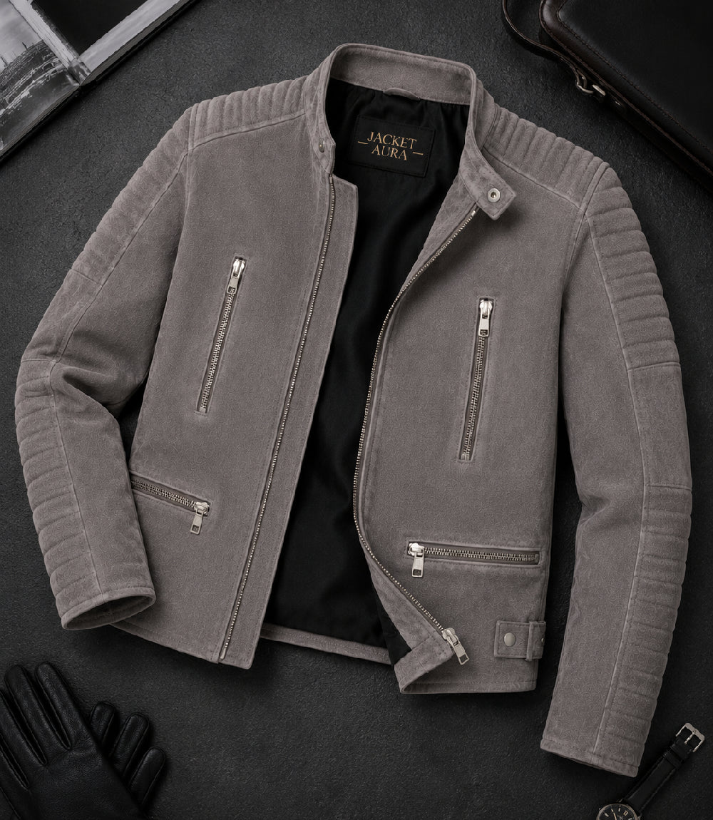 Men’s Grey Suede Biker Jacket in XS - Jacket Aura
