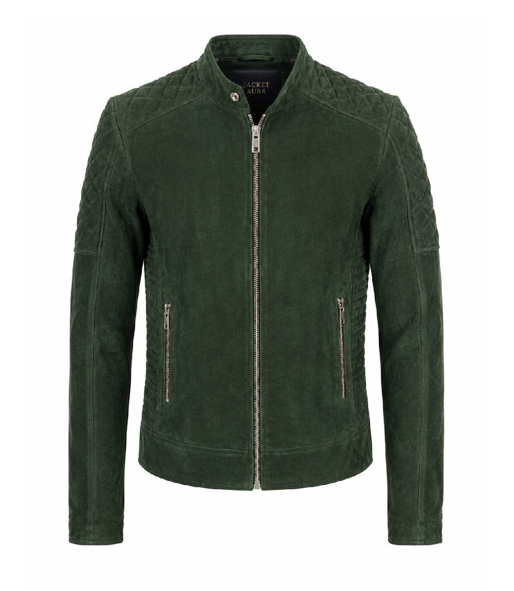 Men’s Quilted Green Suede Biker Jacket in XS - Jacket Aura