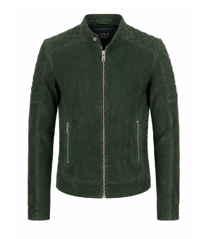 Men’s Quilted Green Suede Biker Jacket in XS - Jacket Aura