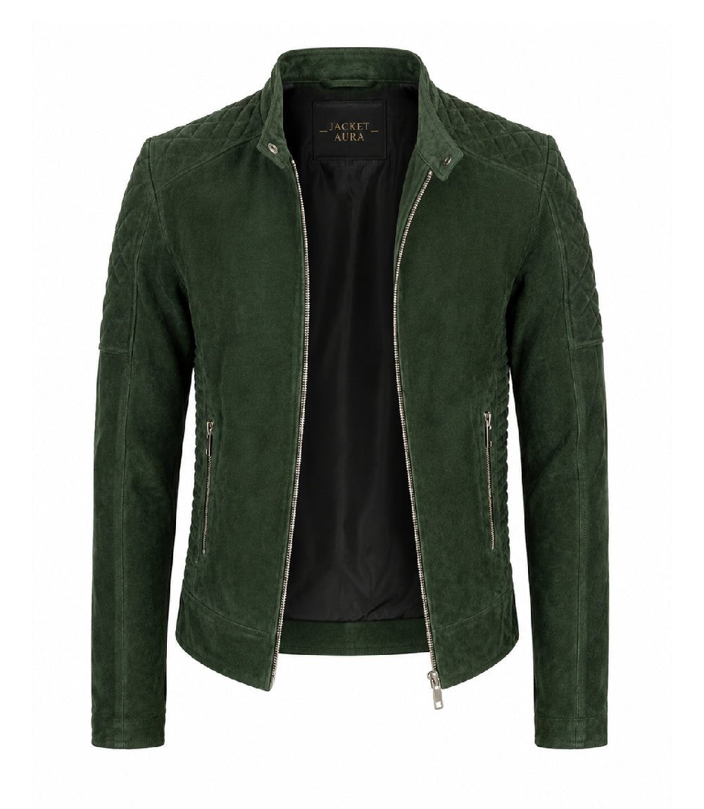 Men’s Quilted Green Suede Biker Jacket in XS - Jacket Aura