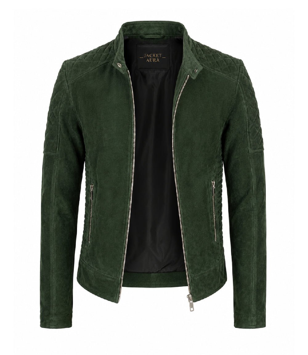 Men’s Quilted Green Suede Biker Jacket in XS - Jacket Aura