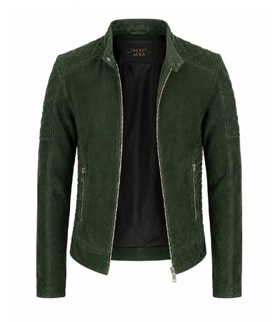 Men’s Quilted Green Suede Biker Jacket in XS - Jacket Aura