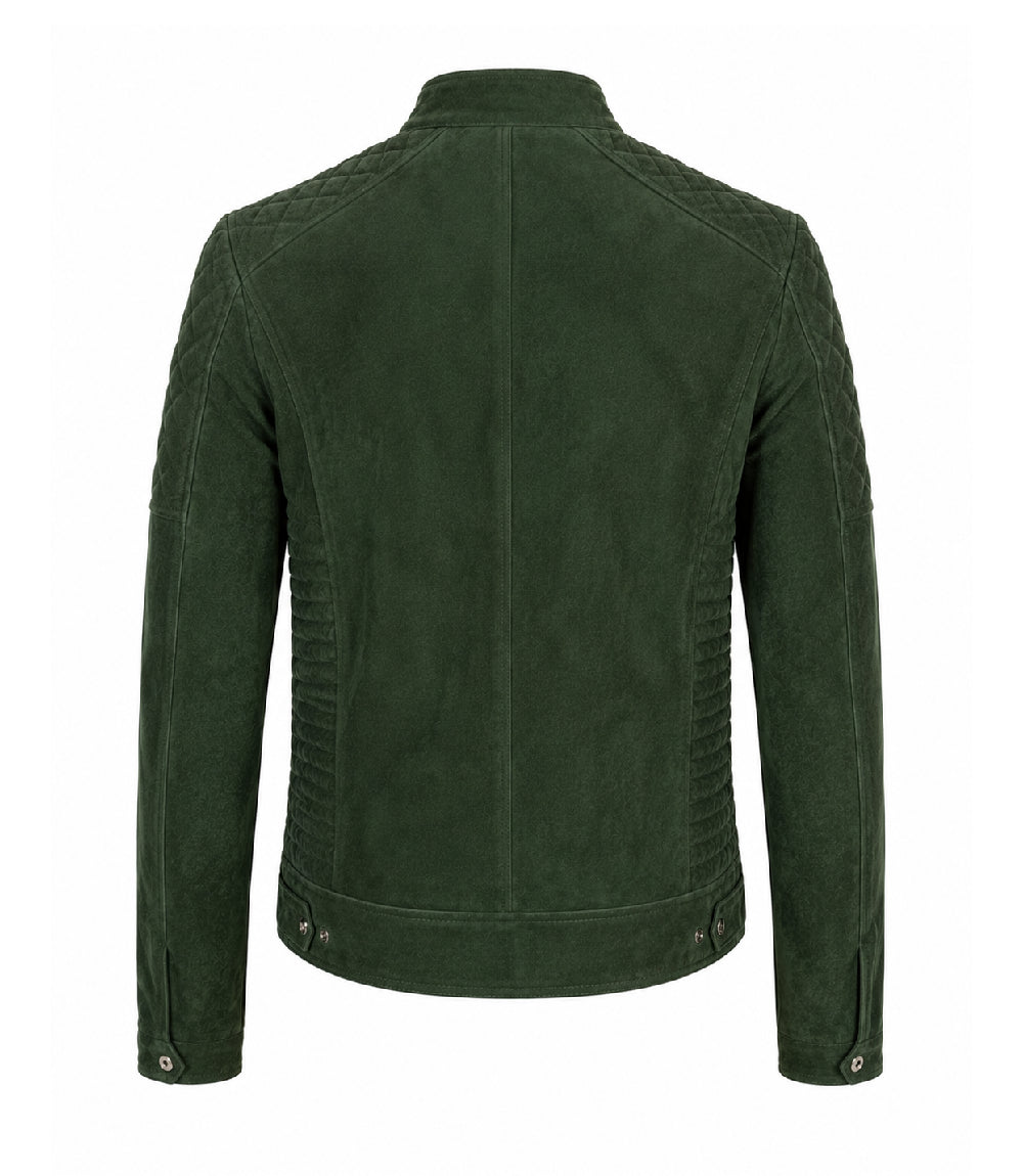 【GRANCY】Distressed Suede Rider＇s Jacket Men's Quilted Green Suede Biker Jacket | Jacket Aura