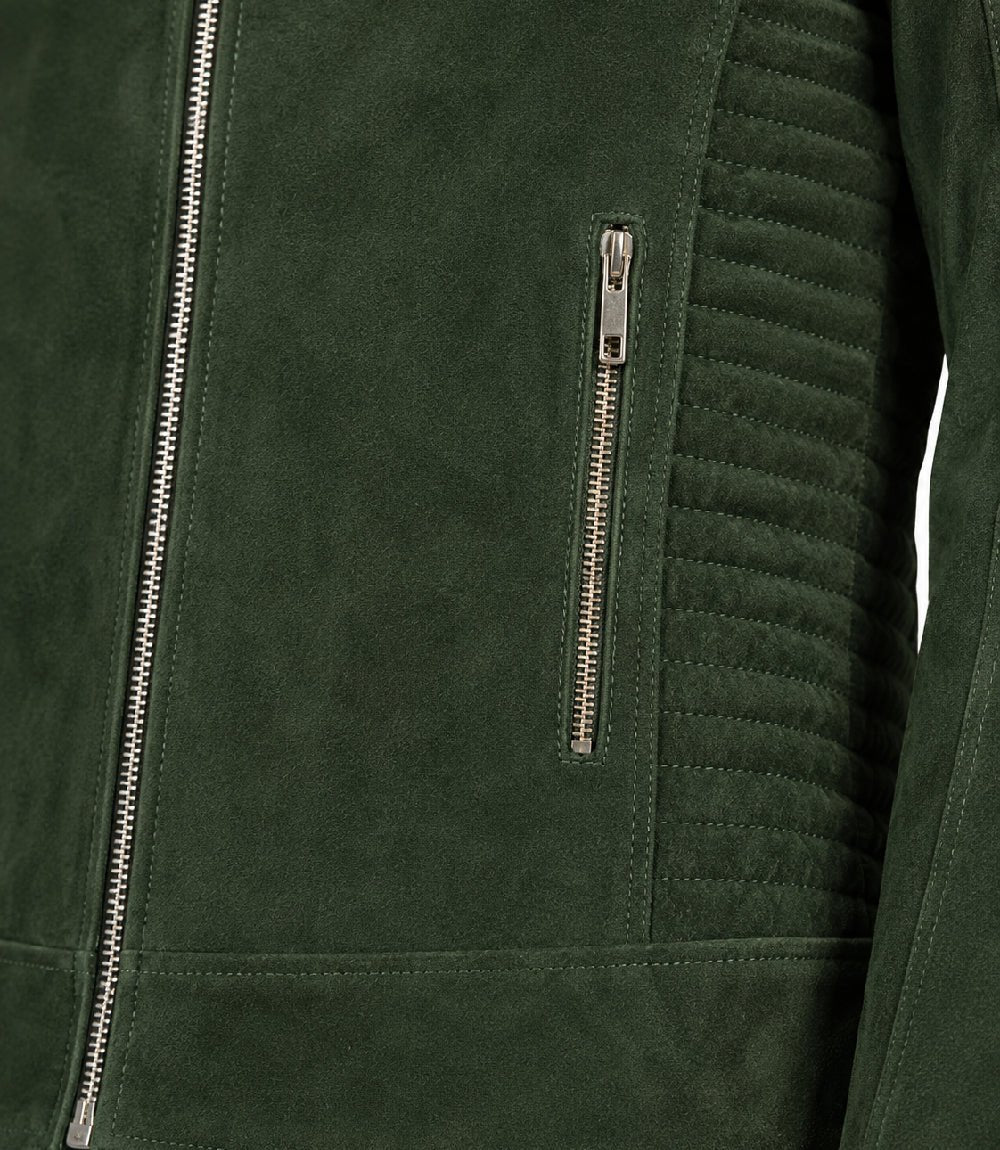 Men’s Quilted Green Suede Biker Jacket in XS - Jacket Aura