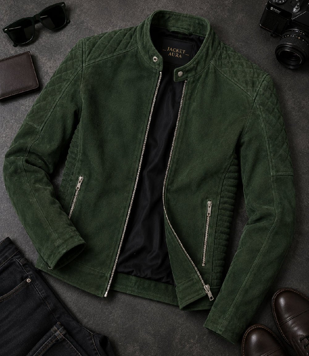 Men’s Quilted Green Suede Biker Jacket in XS - Jacket Aura
