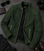 Men’s Quilted Green Suede Biker Jacket in XS - Jacket Aura