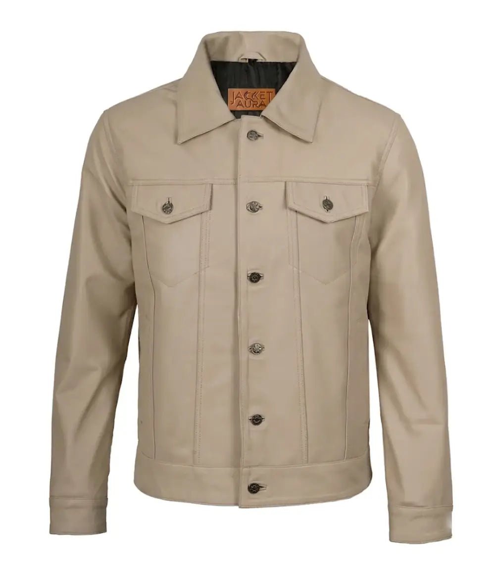 Men's Beige Leather Trucker Jacket | Jacket Aura in XS - Jacket Aura