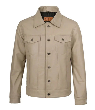 Men's Beige Leather Trucker Jacket | Jacket Aura in XS - Jacket Aura
