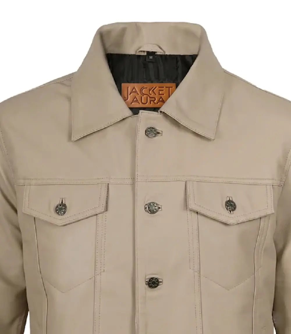 Men's Beige Leather Trucker Jacket | Jacket Aura in XS - Jacket Aura