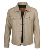 Men's Beige Leather Trucker Jacket | Jacket Aura in XS - Jacket Aura