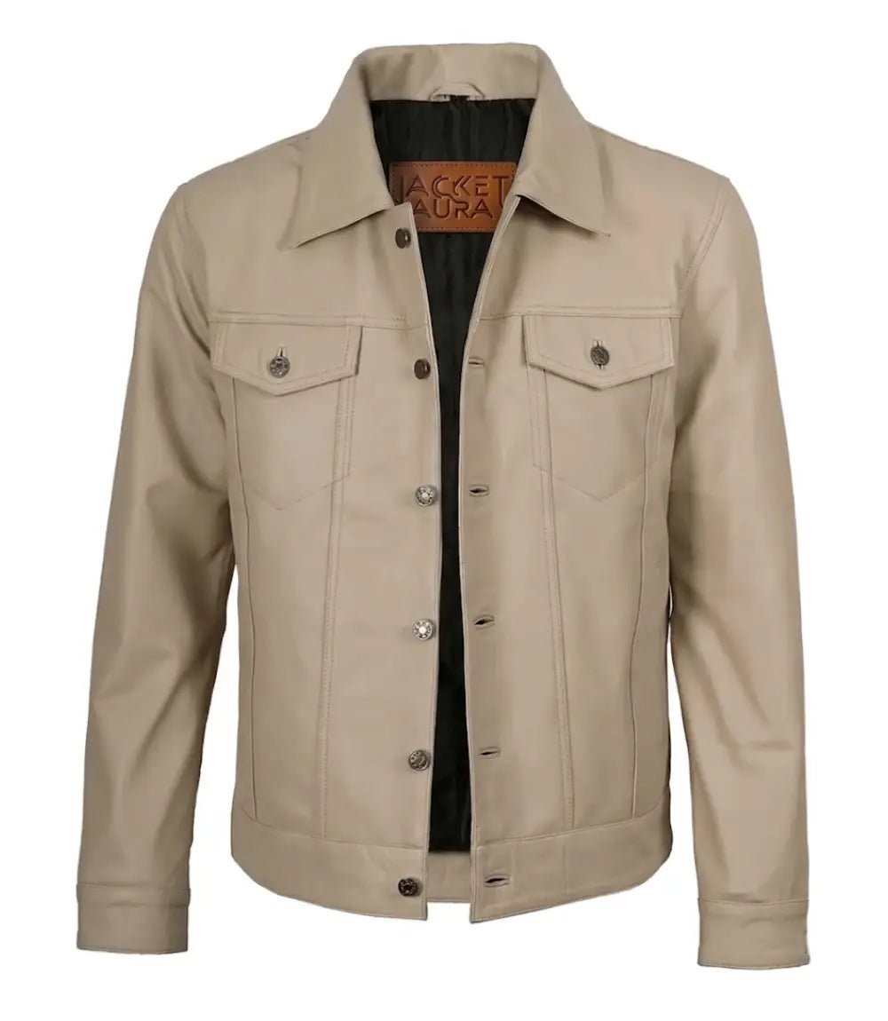 Men's Beige Leather Trucker Jacket | Jacket Aura in XS - Jacket Aura