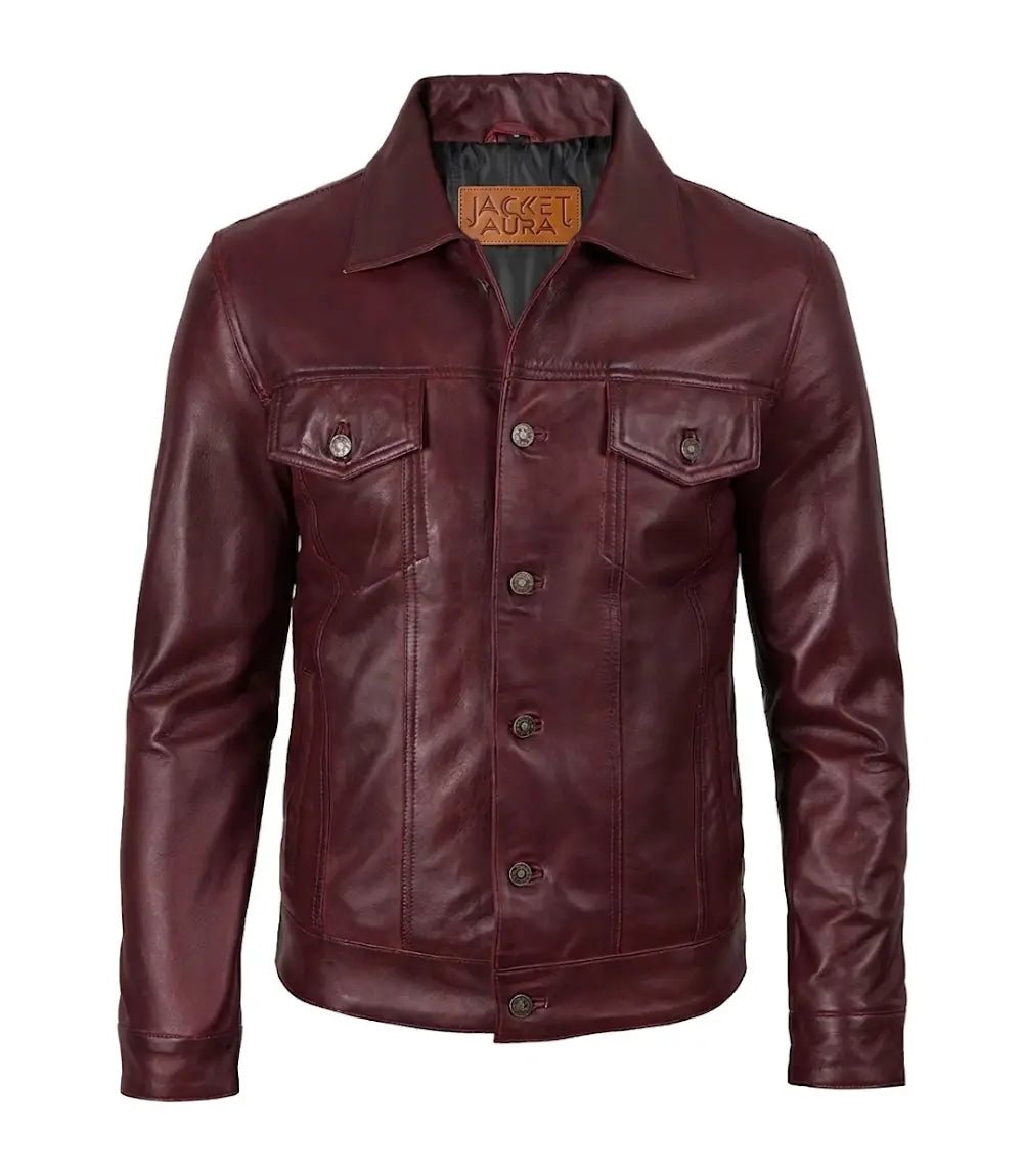 Men's Burgundy Leather Trucker Jacket | Jacket Aura in XS - Jacket Aura