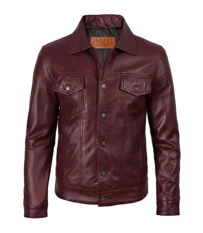Men's Burgundy Leather Trucker Jacket | Jacket Aura in XS - Jacket Aura
