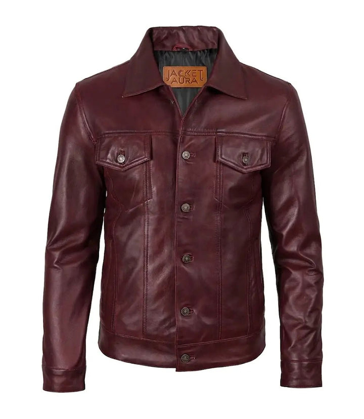 Men's Burgundy Leather Trucker Jacket | Jacket Aura in XS - Jacket Aura