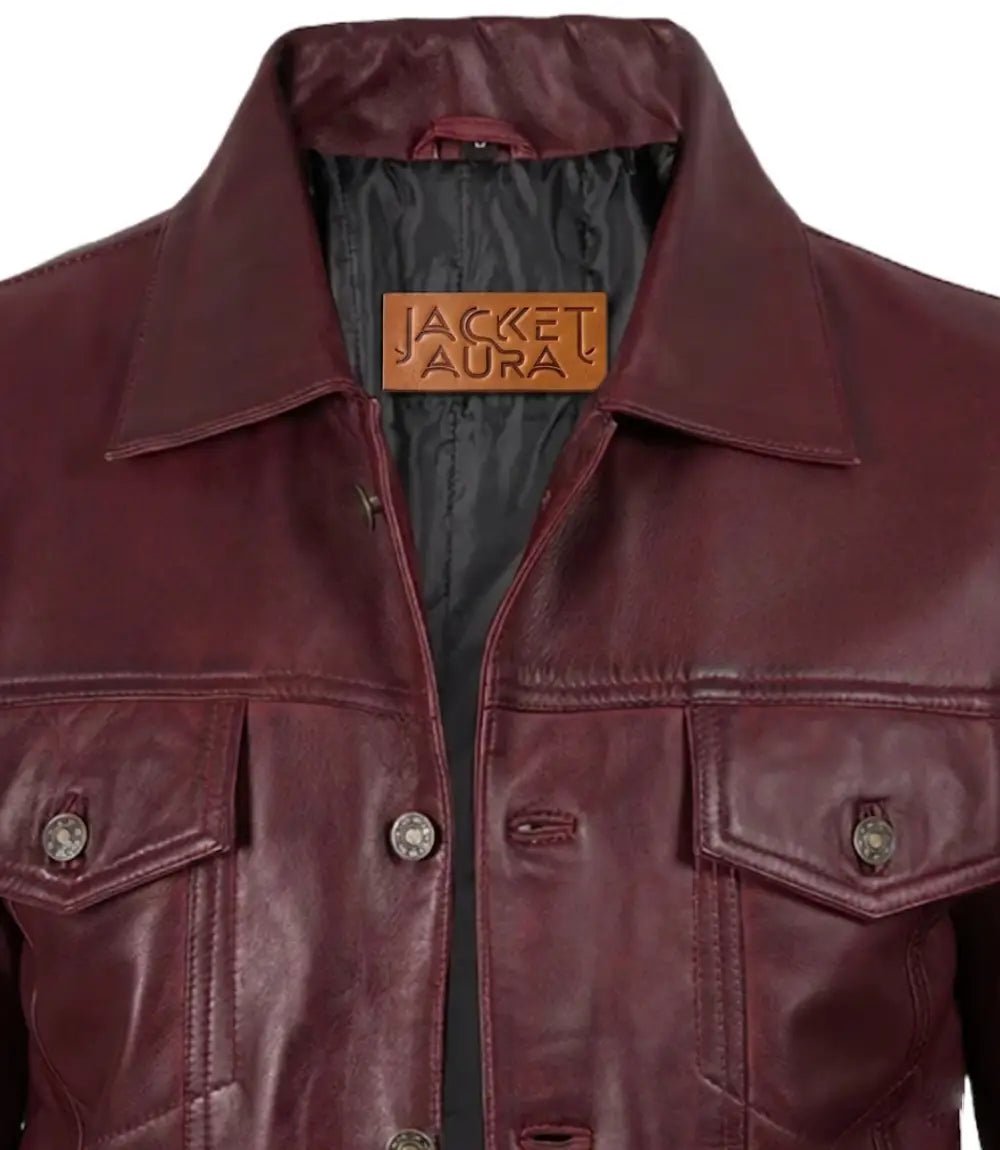 Men's Burgundy Leather Trucker Jacket | Jacket Aura in XS - Jacket Aura