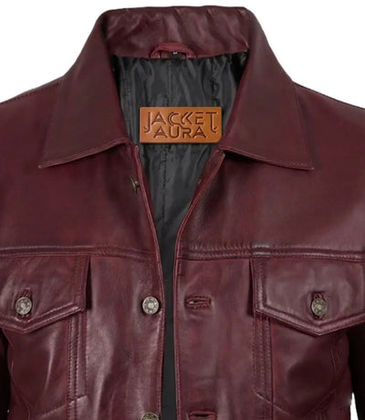 Men's Burgundy Leather Trucker Jacket | Jacket Aura in XS - Jacket Aura