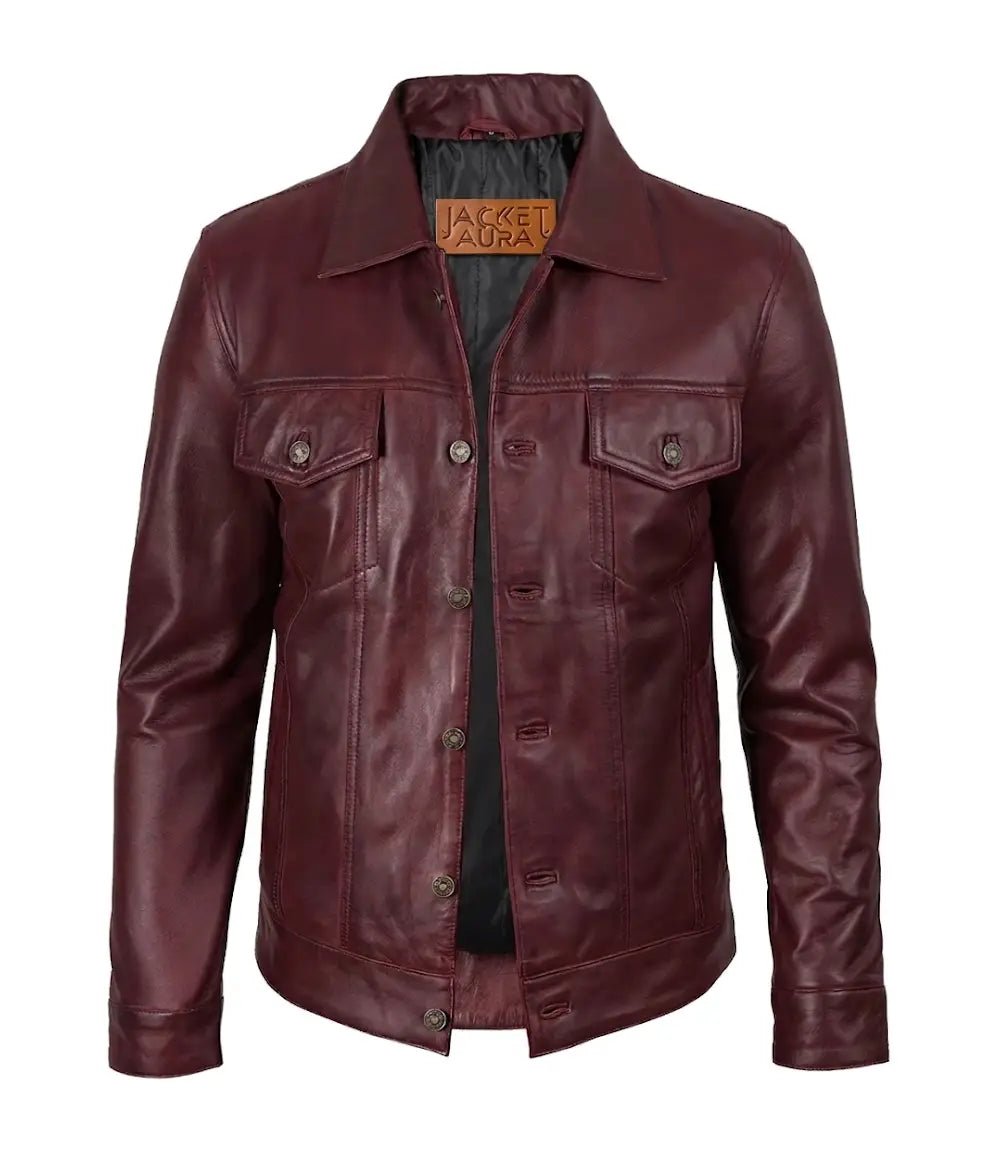 Men's Burgundy Leather Trucker Jacket | Jacket Aura in XS - Jacket Aura