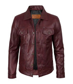 Men's Burgundy Leather Trucker Jacket | Jacket Aura in XS - Jacket Aura