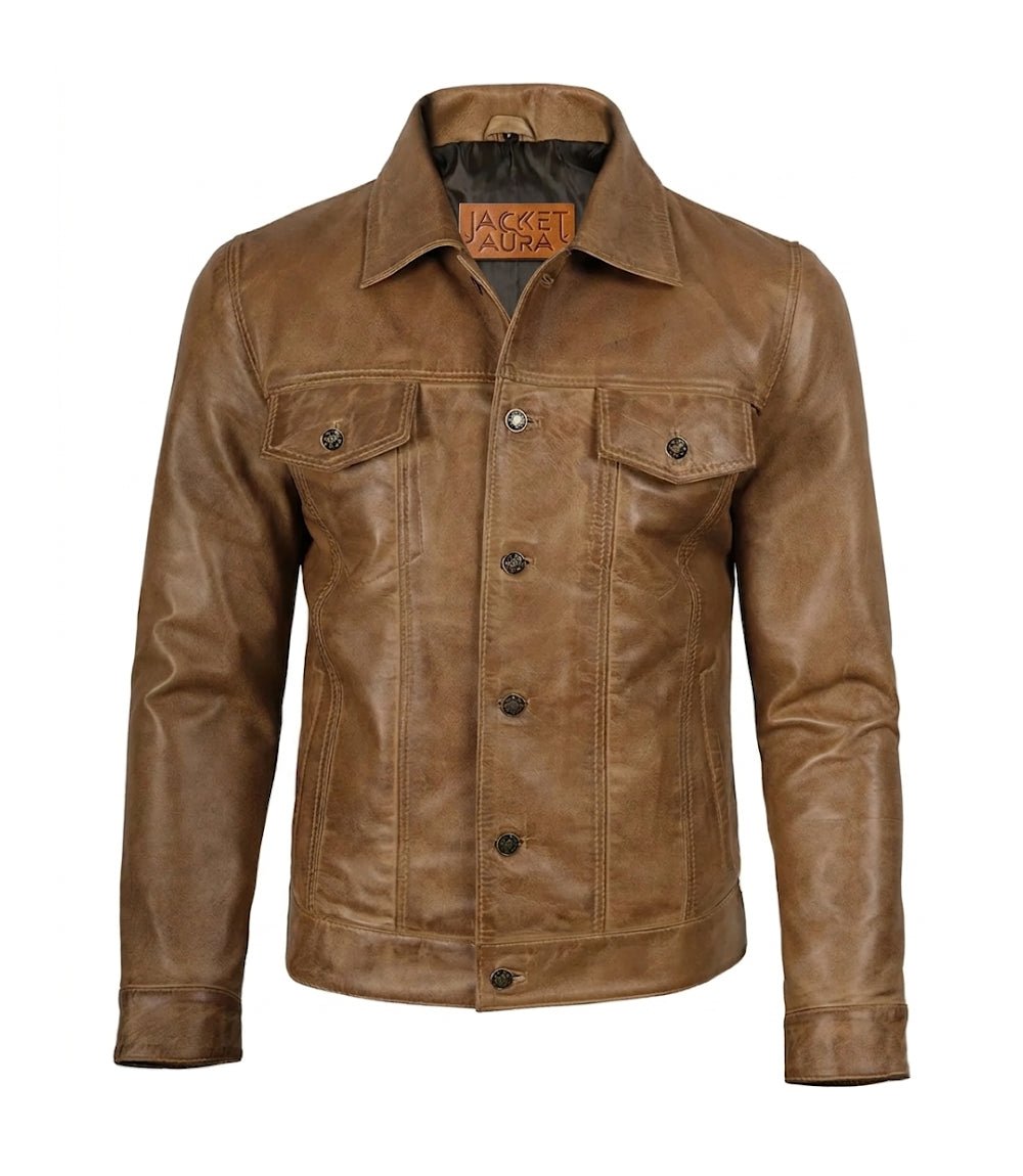 Men’s Camel Brown Leather Trucker Jacket | Jacket Aura in XS - Jacket Aura