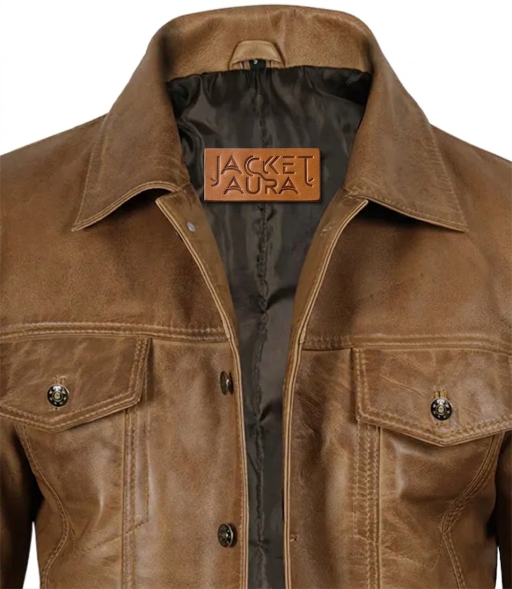 Men’s Camel Brown Leather Trucker Jacket | Jacket Aura in XS - Jacket Aura