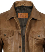 Men’s Camel Brown Leather Trucker Jacket | Jacket Aura in XS - Jacket Aura