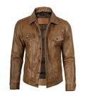Men’s Camel Brown Leather Trucker Jacket | Jacket Aura in XS - Jacket Aura