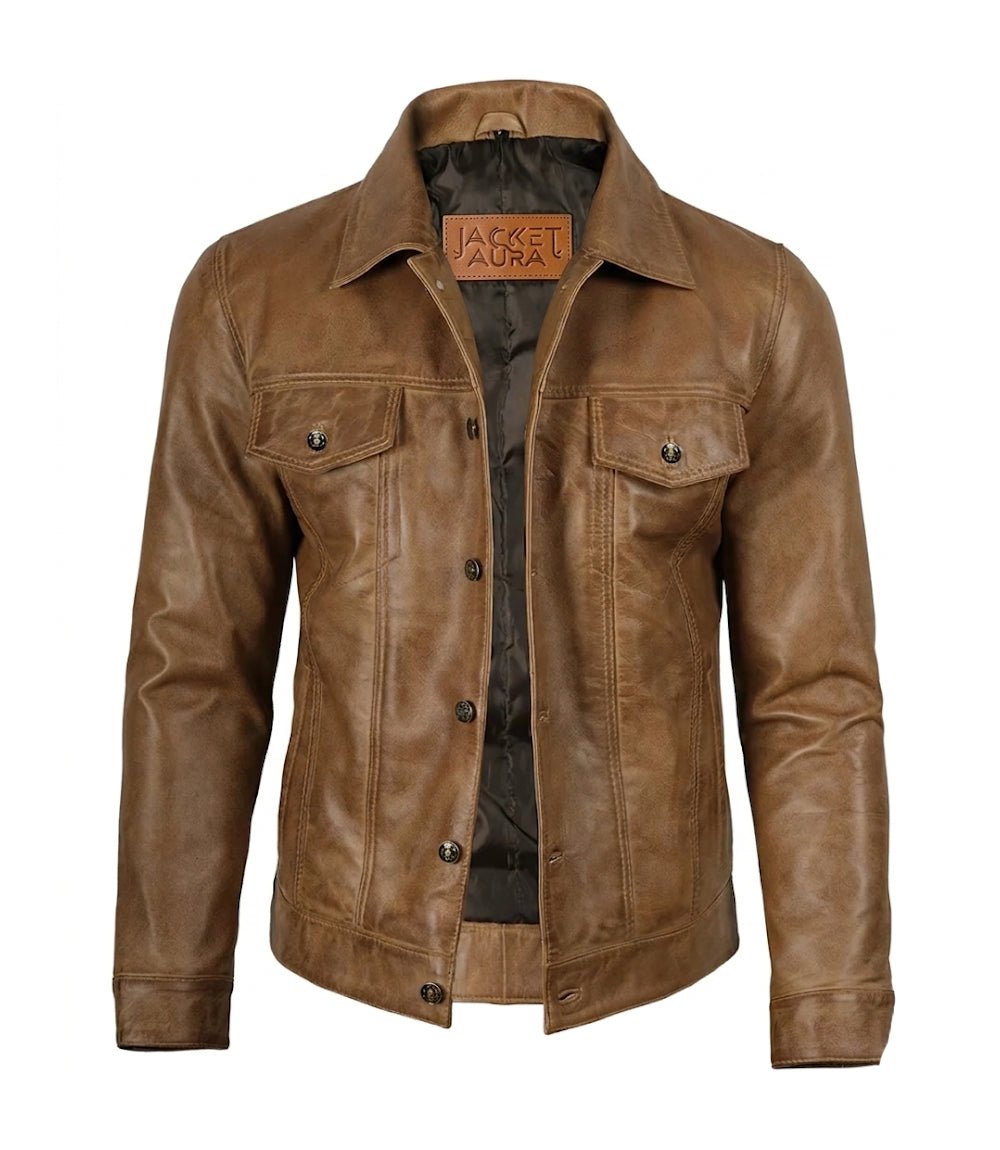 Men’s Camel Brown Leather Trucker Jacket | Jacket Aura in XS - Jacket Aura