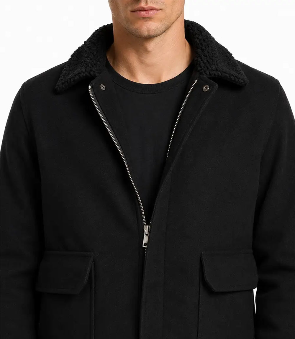 Men's Aura Black Wool Blend Felt Jacket Closeup - Jacket Aura