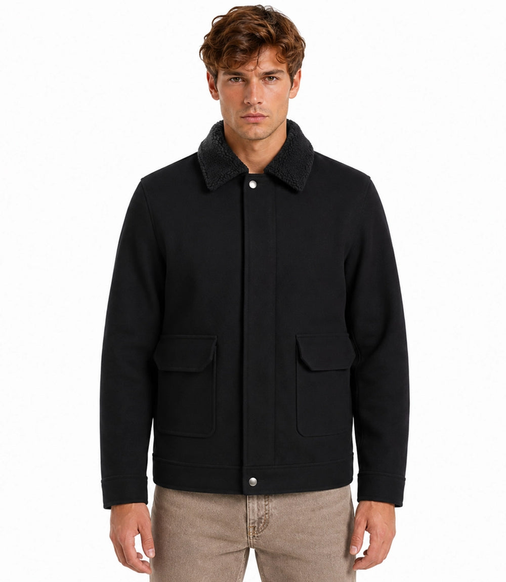 Men's Aura Black Wool Blend Felt Jacket Front - Jacket Aura