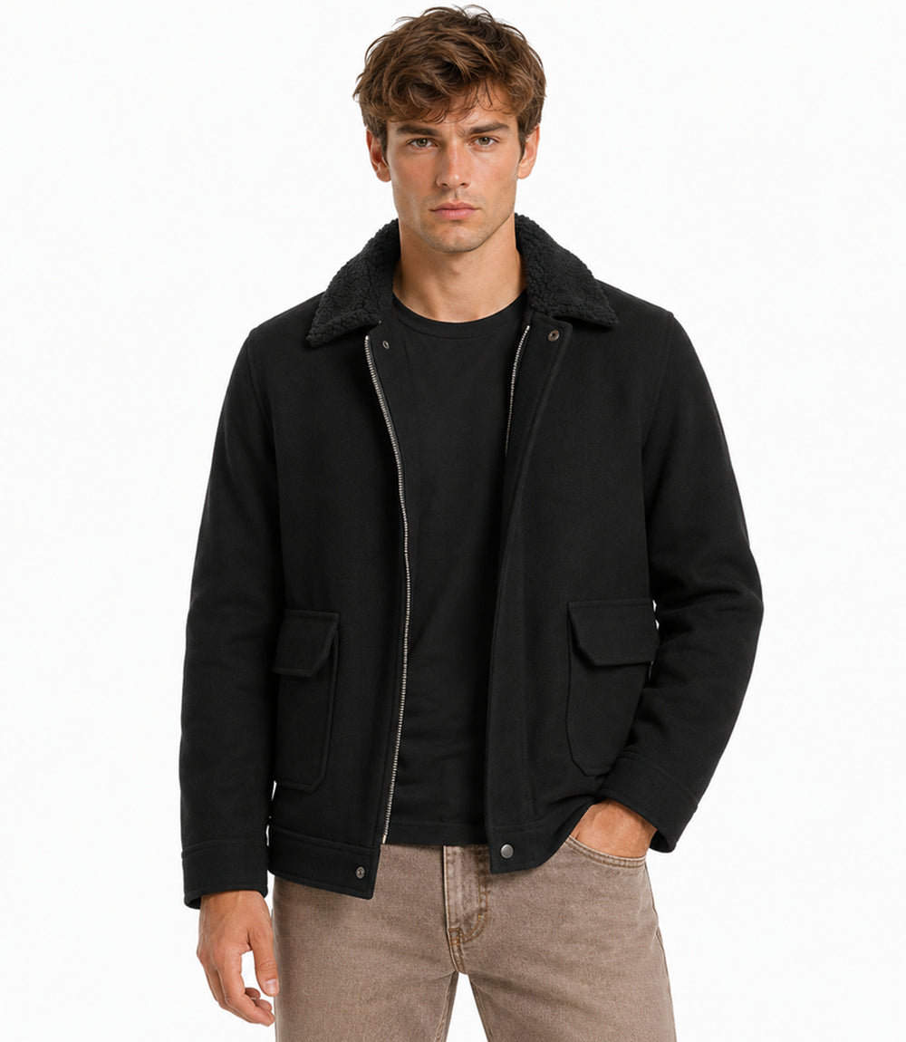 Men's Aura Black Wool Blend Felt Jacket Model - Jacket Aura