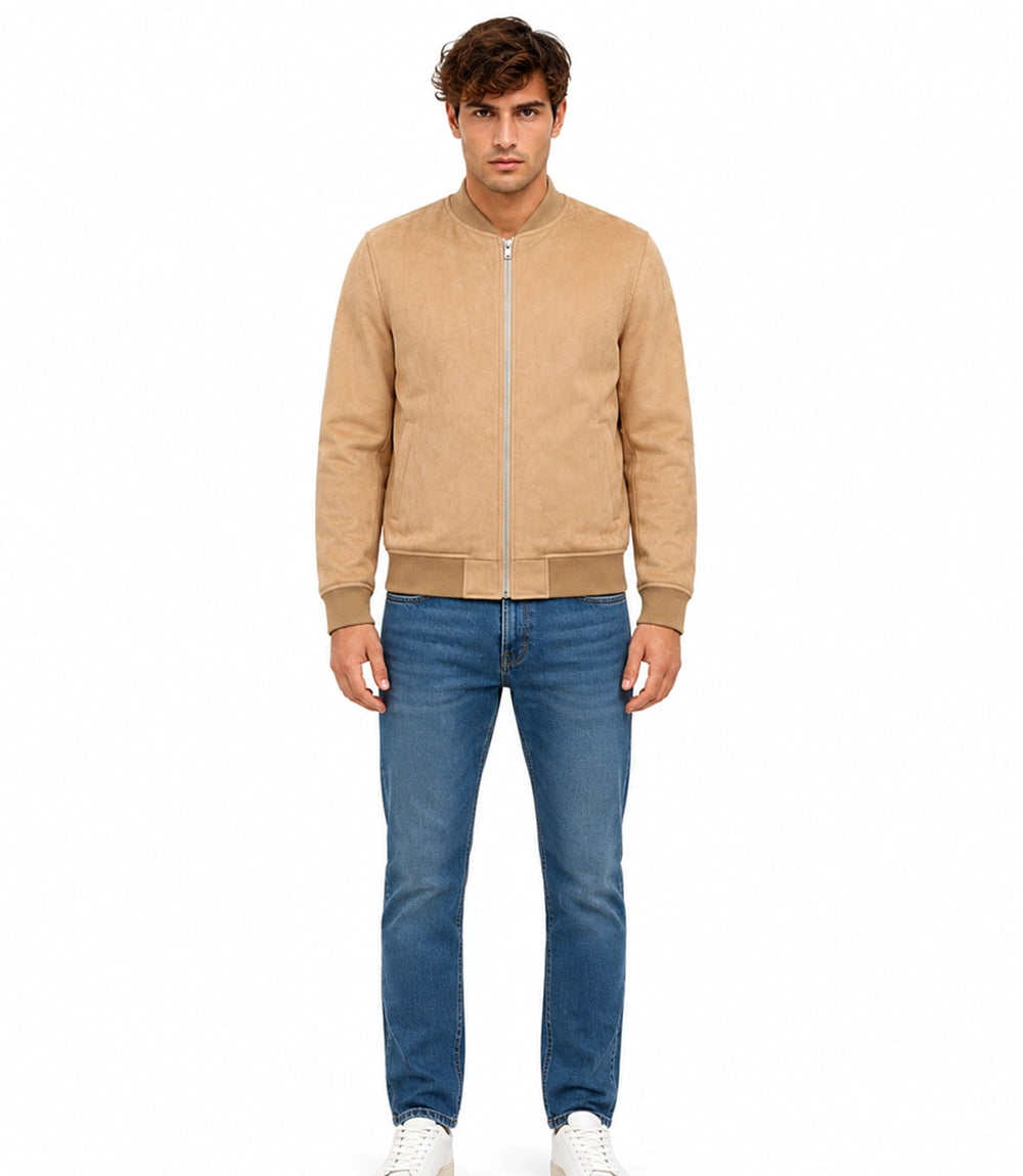 Men's Aura Camel Faux Suede Jacket Front View - Jacket Aura