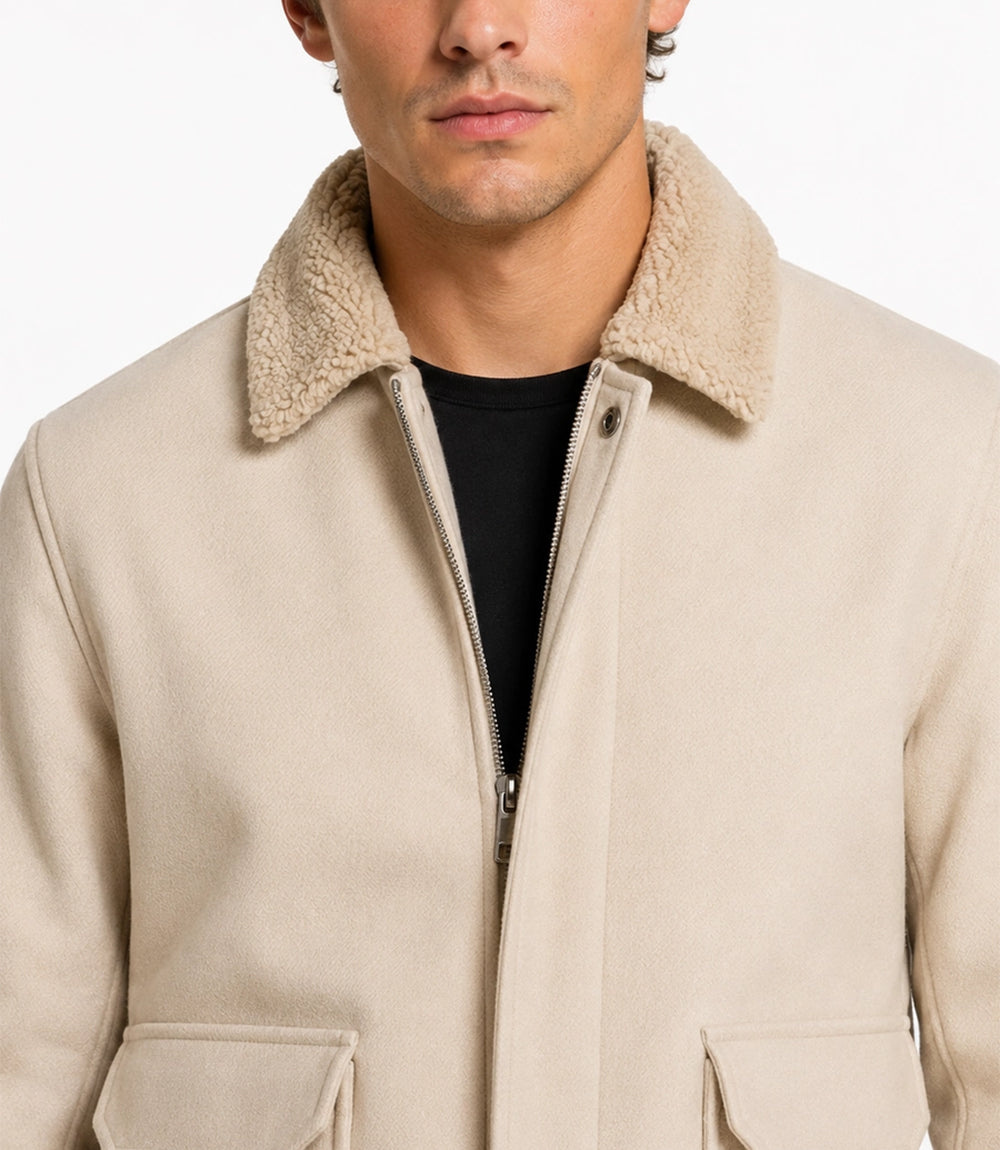 Men's Aura Cream Wool Blend Felt Jacket Closeup - Jacket Aura