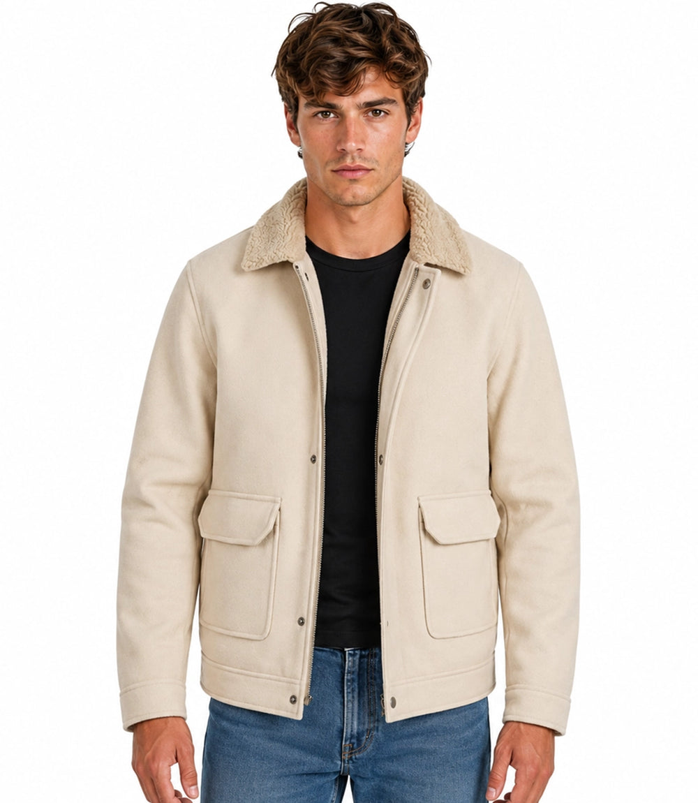 Men's Aura Cream Wool Blend Felt Jacket Front  - Jacket Aura