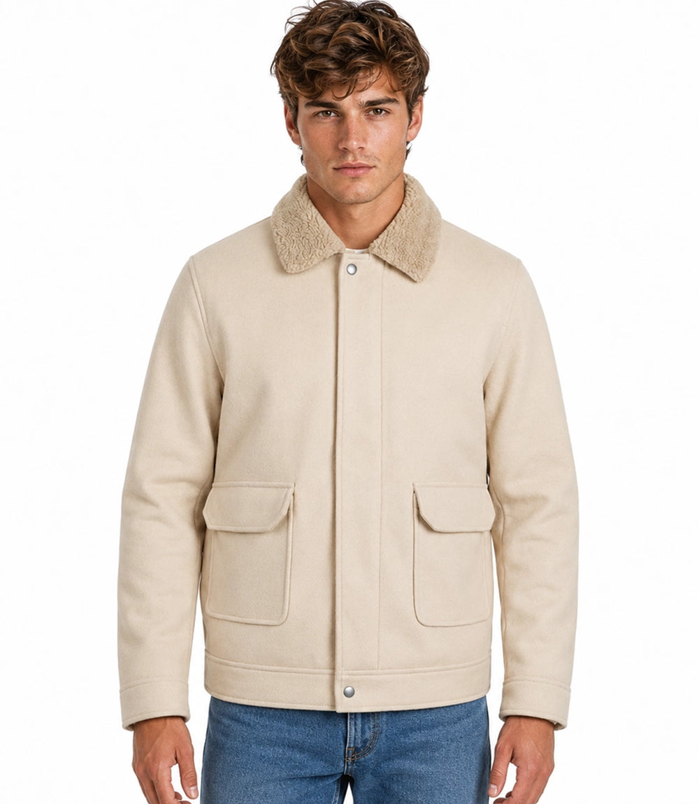 Men's Aura Cream Wool Blend Felt Jacket Model - Jacket Aura