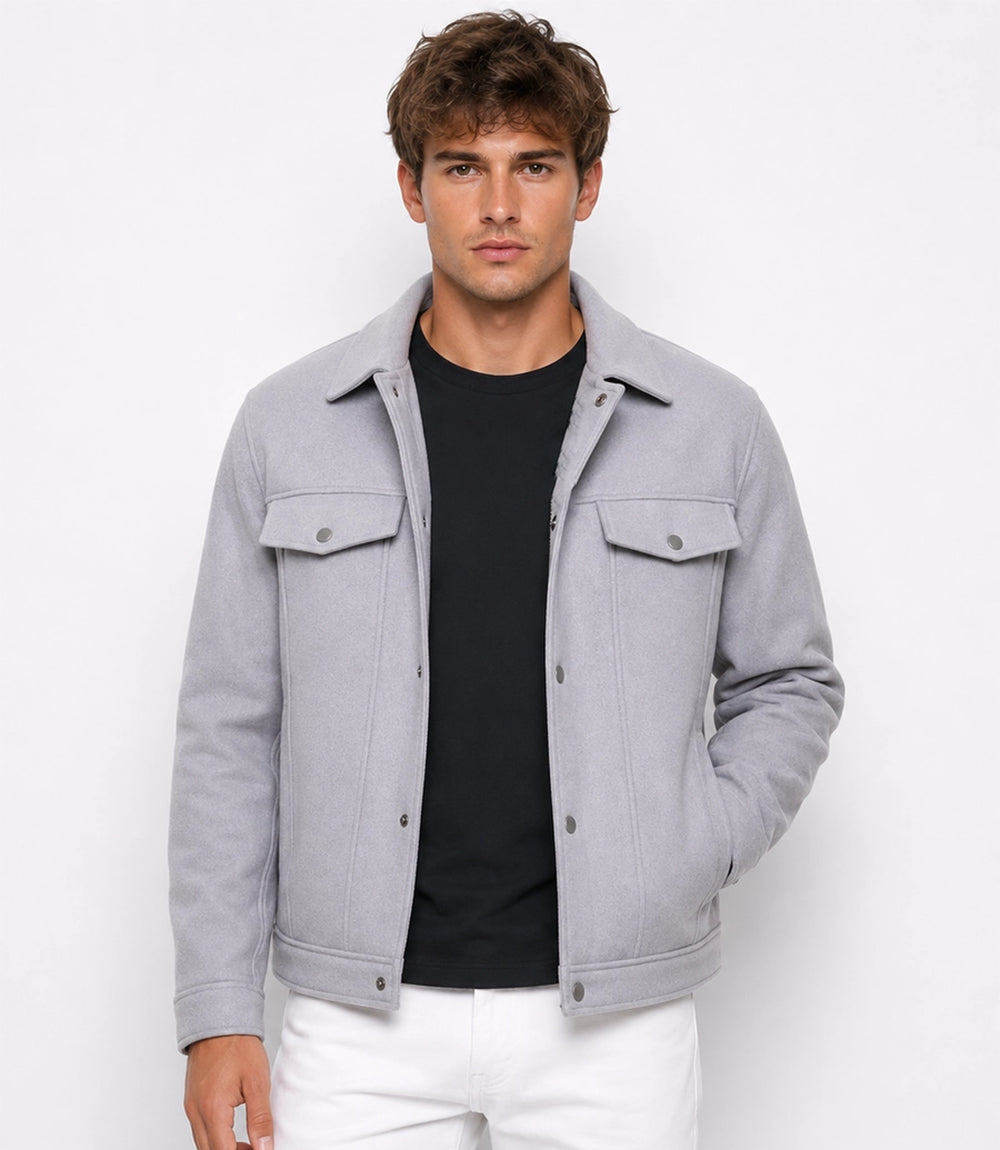 Men's Aura Light Grey Wool Blend Felt Jacket Front  - Jacket Aura