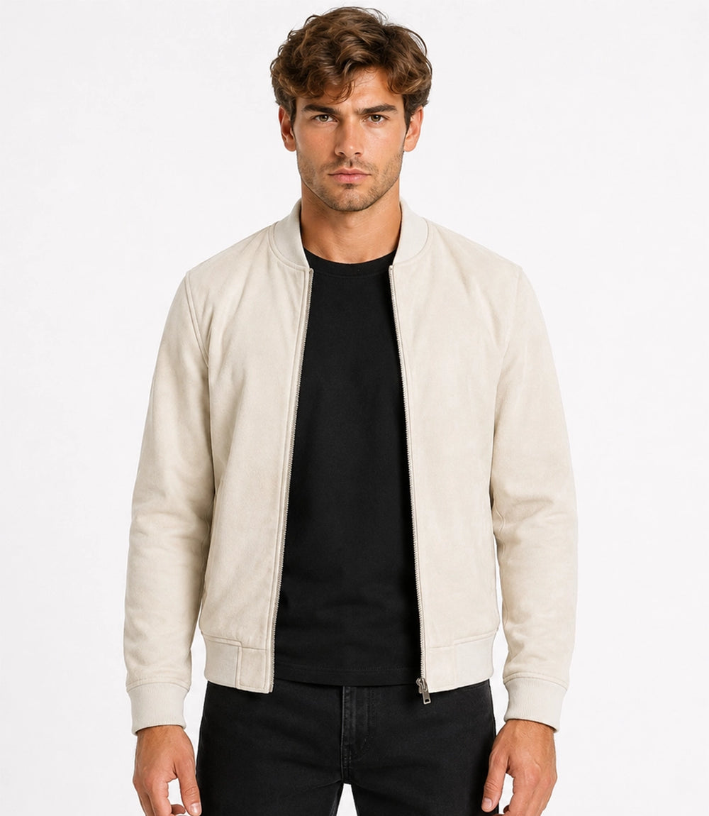 Men's Aura Off White Faux Suede Jacket Front - Jacket Aura