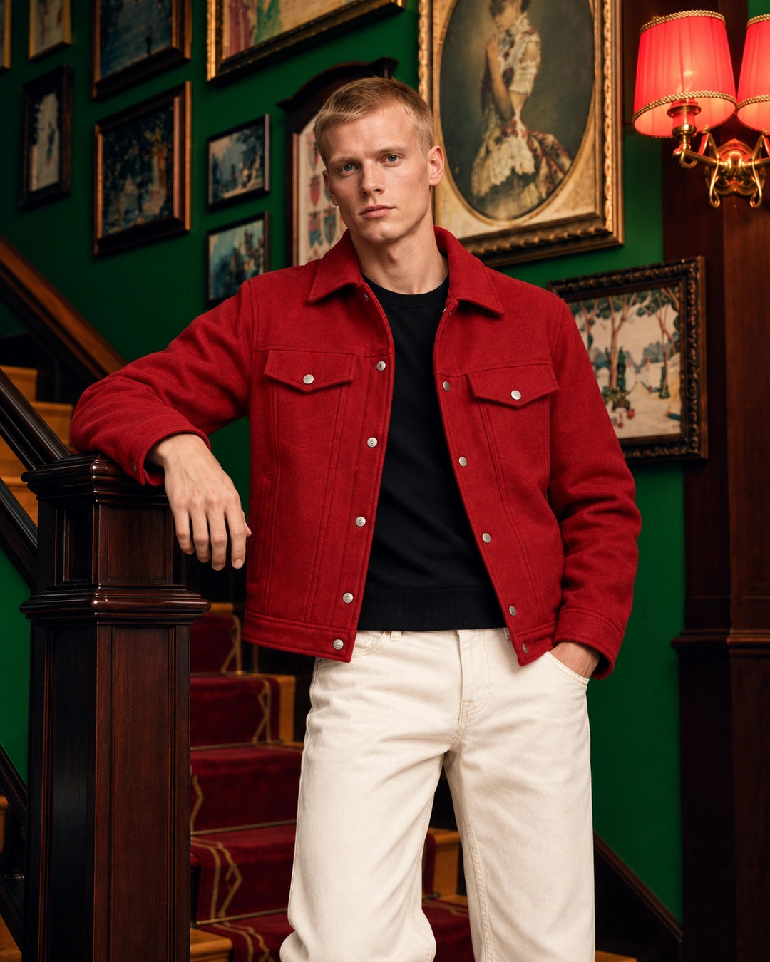 Men's Aura Red Wool Blend Felt Jacket - Jacket Aura
