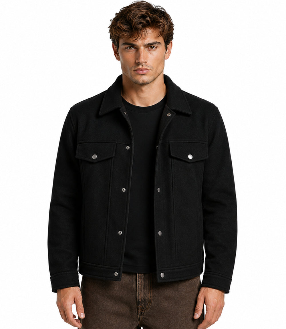 Men’s Aura Wool Blend Felt Black Jacket Front - Jacket Aura