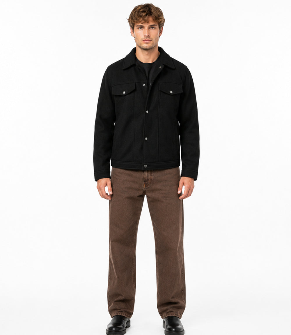 Men’s Aura Wool Blend Felt Black Jacket Full View - Jacket Aura