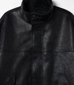Men's Black Funnel Neck Sheepskin Leather Jacket Closeup - Jacket Aura