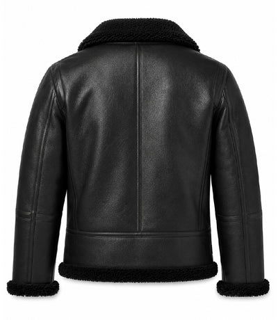 Men's Black Fur Lined Full Grain Leather Jacket Back - Jacket Aura