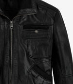 Men's Black Multi Pocket Sheepskin Leather Jacket Closeup - Jacket Aura