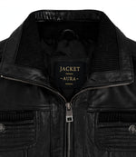Men's Black Multi Pocket Sheepskin Leather Jacket Collar - Jacket Aura
