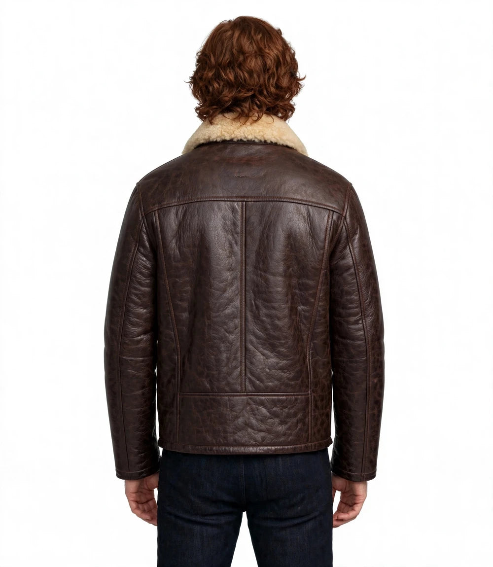 Men's Dark Brown Rigger Sheepskin Leather Jacket Back - Jacket Aura