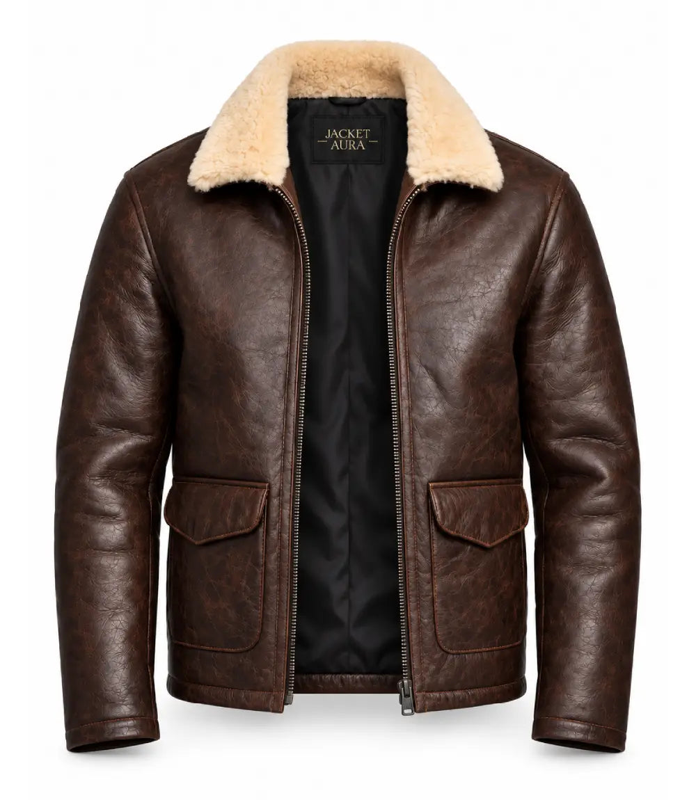 Men's Dark Brown Rigger Sheepskin Leather Jacket Inner - Jacket Aura