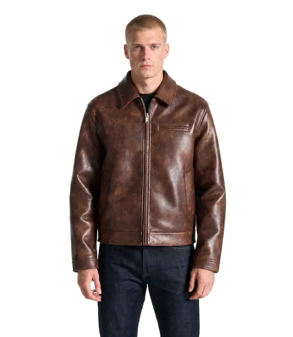 Men's Distressed Brown Sheepskin Leather Jacket - Jacket Aura