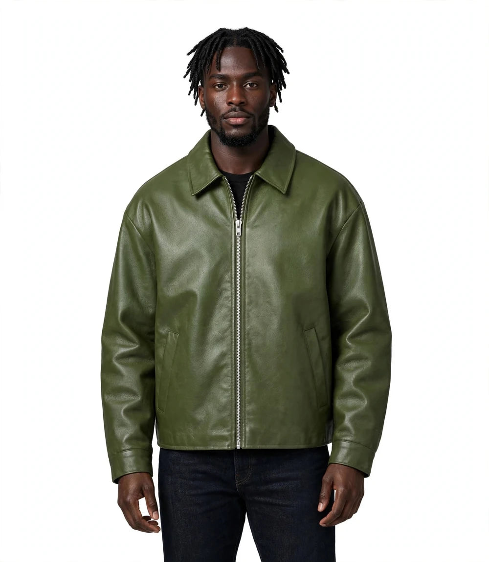Men's Green Oversized Sheepskin Leather Jacket - Jacket Aura