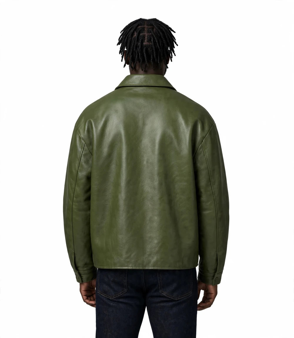 Men's Green Oversized Sheepskin Leather Jacket Back - Jacket Aura